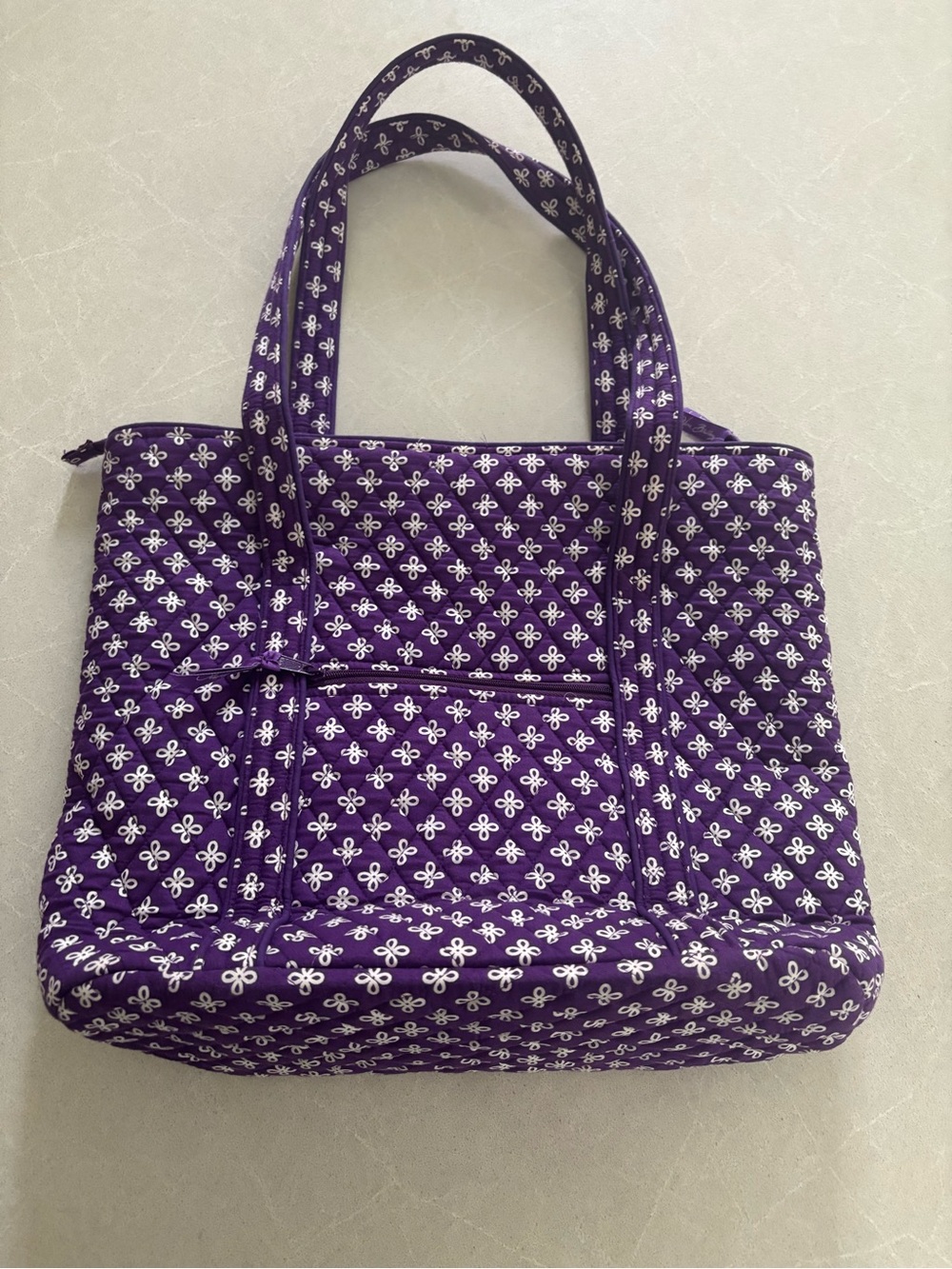 Vera Bradley Large Quilted Cotton Zip Tote Bag Purple & White Geometric Print